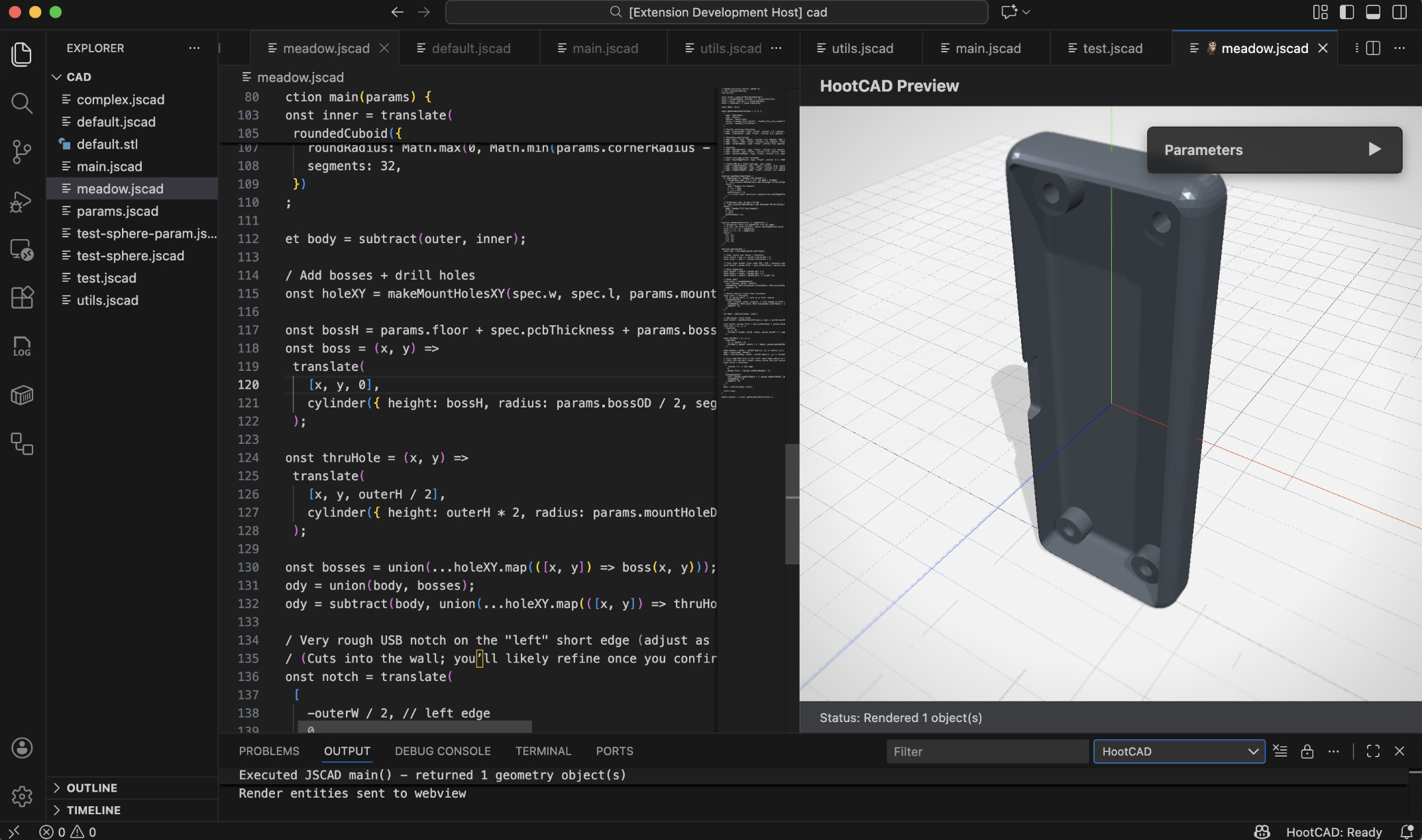 HootCAD running in VS Code with code editing and a live 3D CAD preview